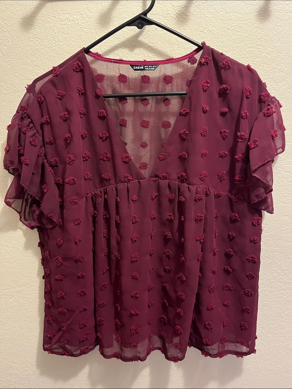 SHEIN Burgundy Pom-Pom V-Neck Short Sleeve Blouse